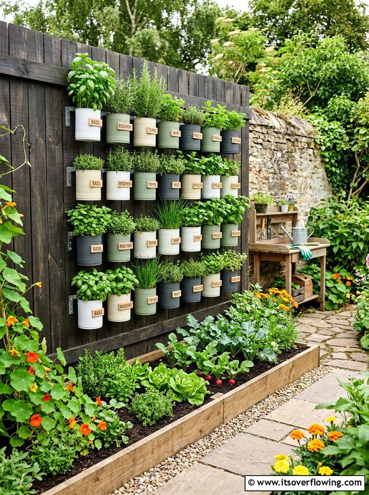 Tin can herb garden - 25 cheap garden ideas with repurposed containers