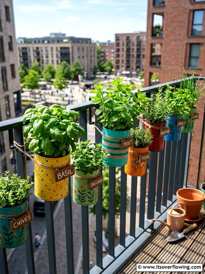 Tin can herb garden - 25 upcycled garden ideas for balconies
