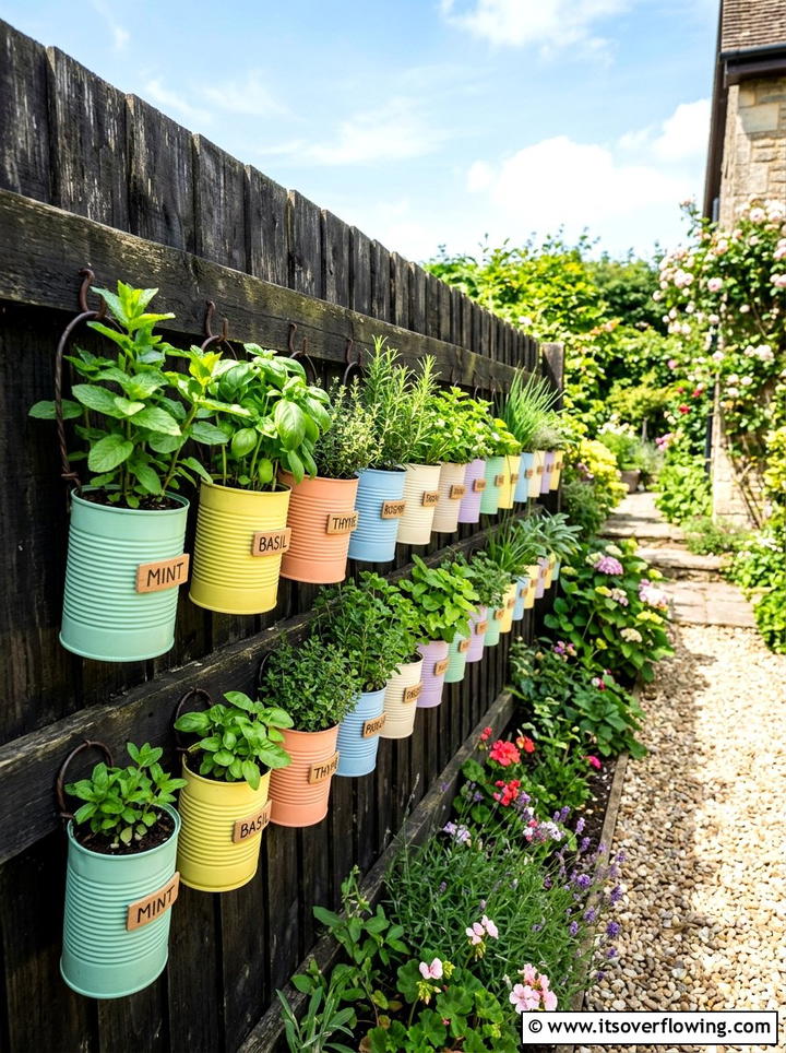 Tin can herb garden - 25 cheap garden ideas with thrifted decor