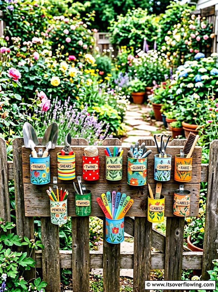 Tin can small tool organizer - 25 upcycled garden ideas with tool storage