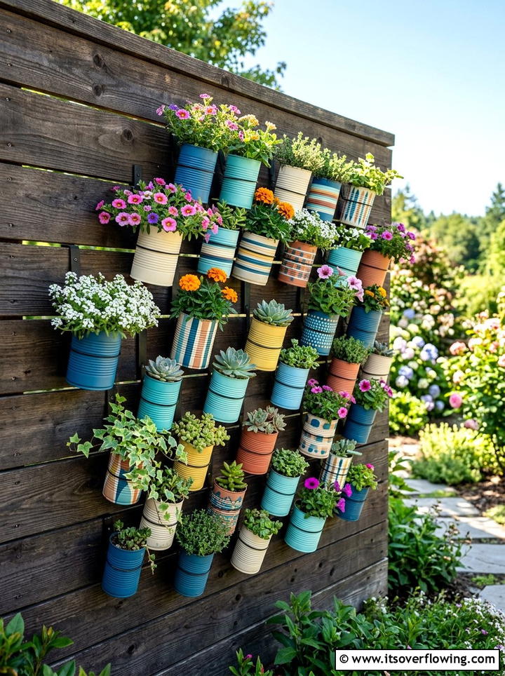 Tin can wall planter - 25 upcycled garden ideas with vertical gardens