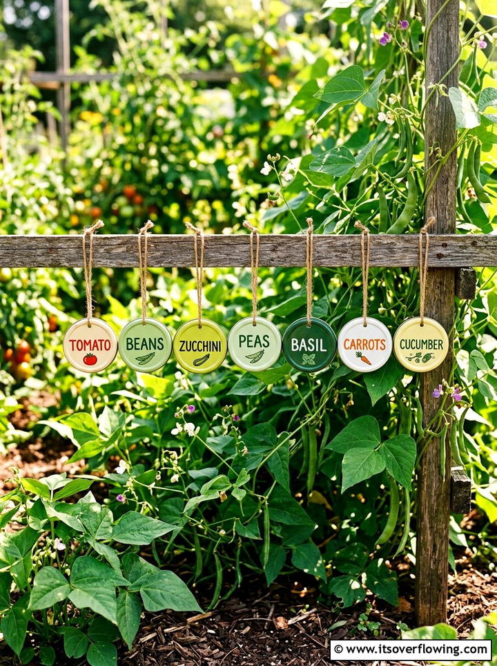 Tin lid labels - 25 recycled garden ideas with plant labels