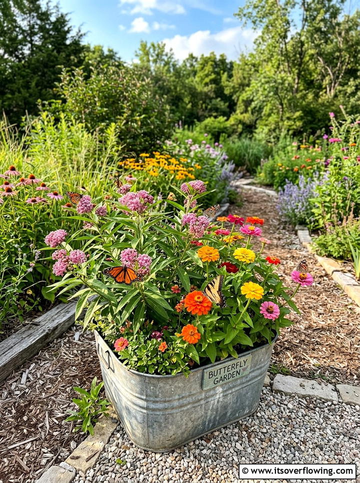 Tin tub butterfly garden - 25 upcycled garden ideas with old tubs
