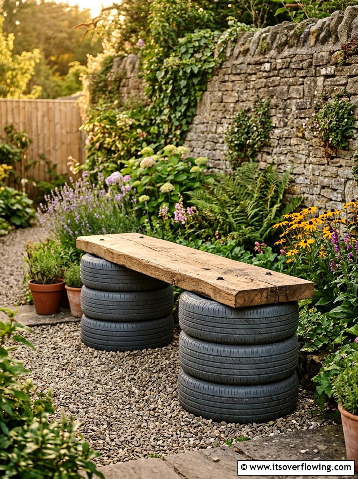 Tire Garden Bench - 25 upcycled garden ideas with old tires