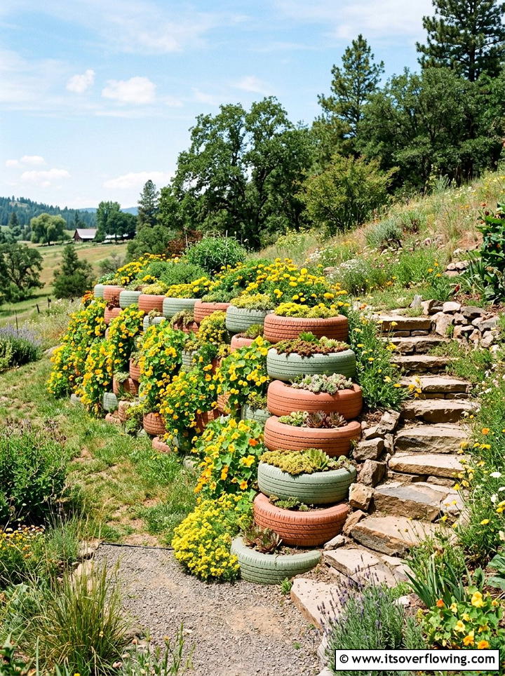 Tire Garden Retaining Wall - 25 upcycled garden ideas for backyards