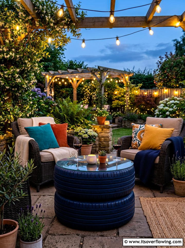Tire Garden Table - 25 upcycled garden ideas with old tires