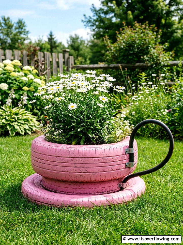 Tire Garden Tea Cup Planter - 25 garden ideas with old tires