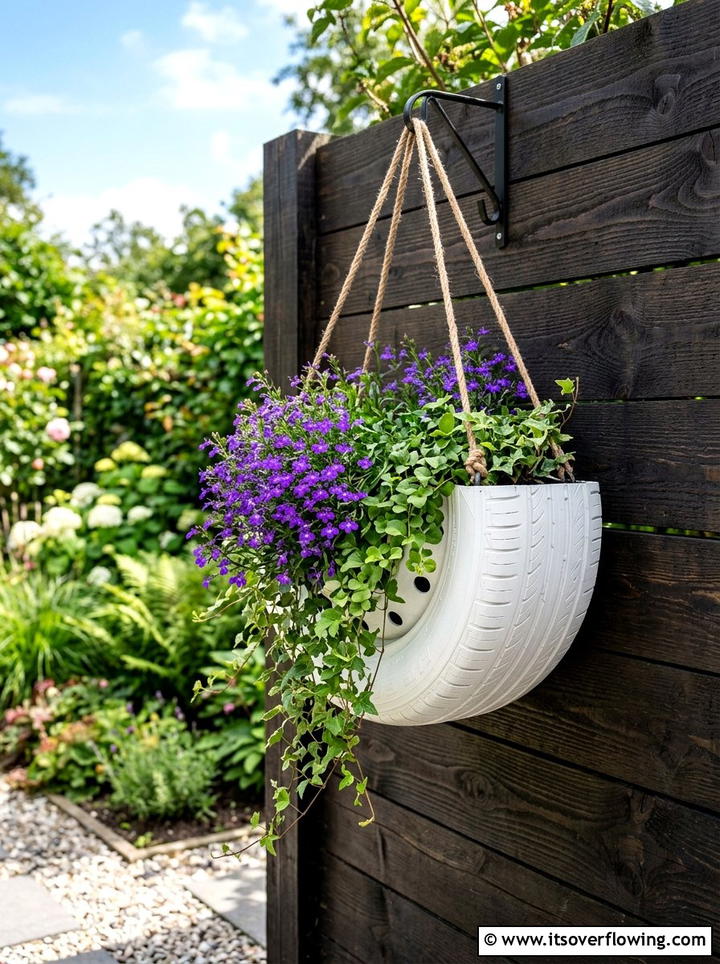 Tire Hanging Planter - 25 upcycled garden ideas with old tires