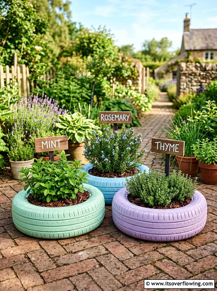 Tire Herb Garden - 25 upcycled garden ideas with old tires