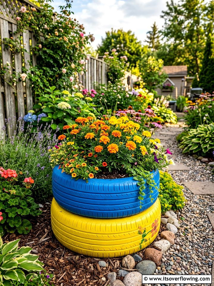 Tire Planter - 25 recycled garden ideas with pallet wall garden