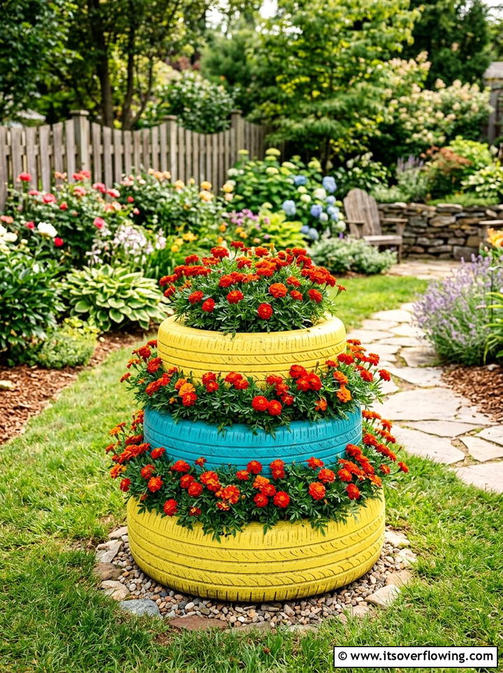 Tire Planter Arrangement - 25 cheap garden ideas with container gardening
