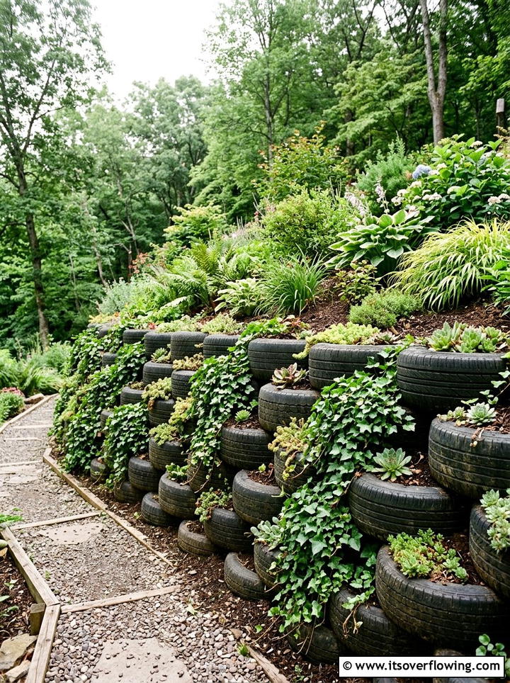 Tire Retaining Wall - 25 upcycled garden ideas with old tires