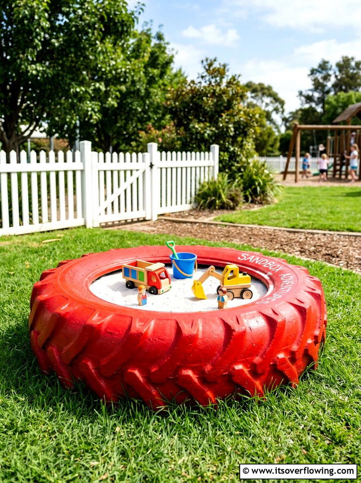 Tire Sandbox - 25 upcycled garden ideas with old tires