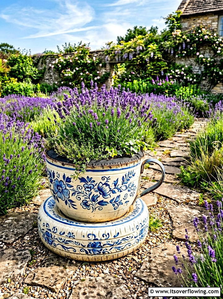 Tire Tea Cup Planter - 25 upcycled garden ideas with old tires