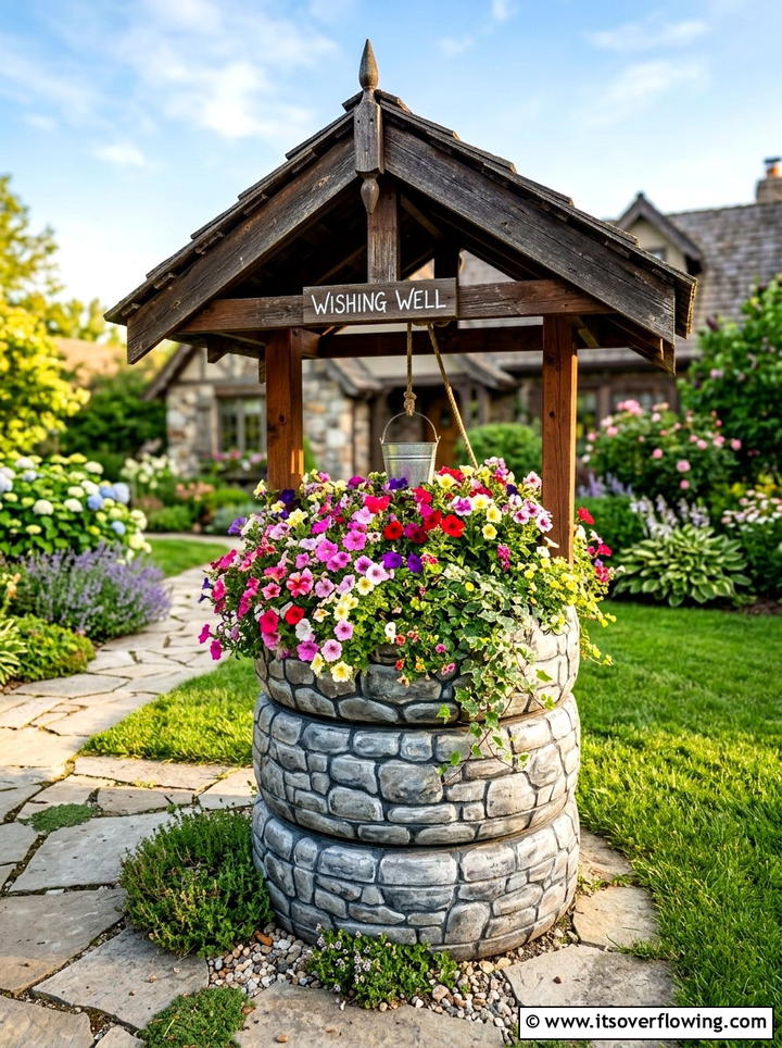 Tire Wishing Well - 25 upcycled garden ideas with old tires