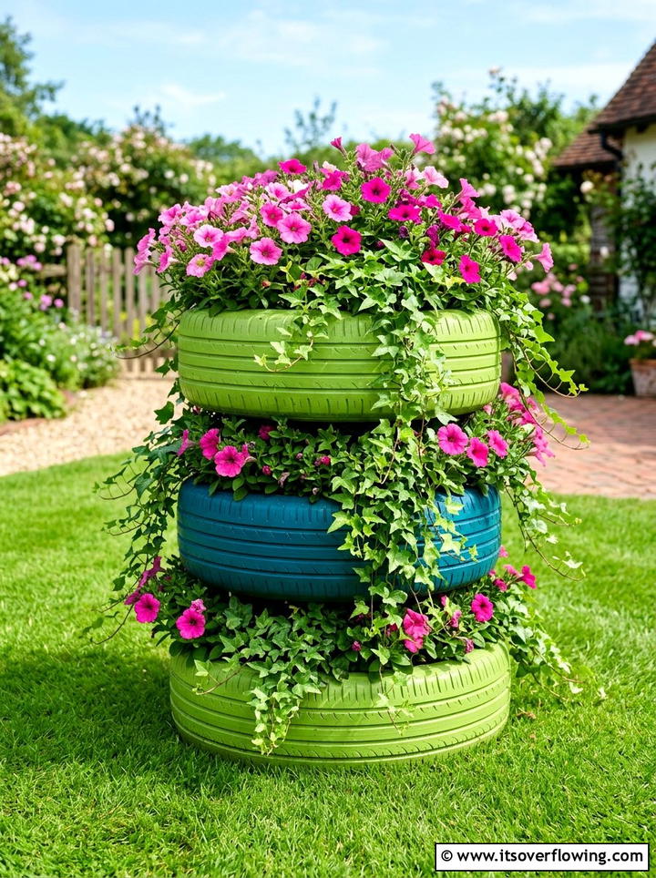 Tire garden planter - 25 upcycled garden ideas with kids projects
