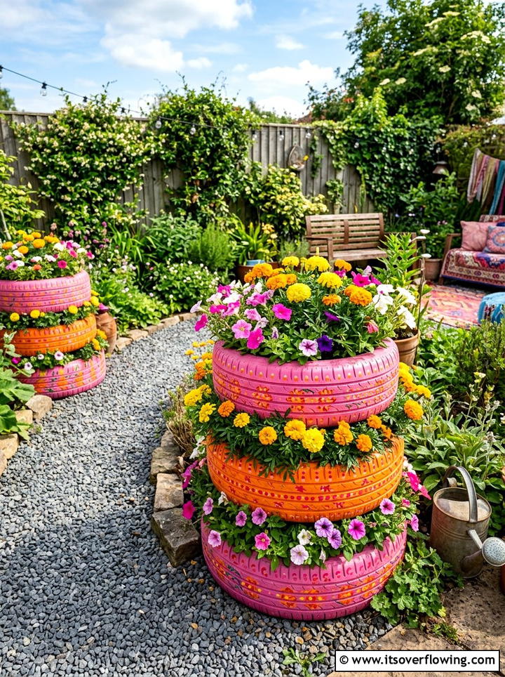 Tire planter - 25 upcycled garden ideas with boho style