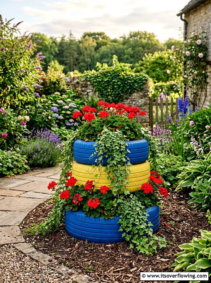 Tire planter - 25 cheap garden ideas with recycled materials