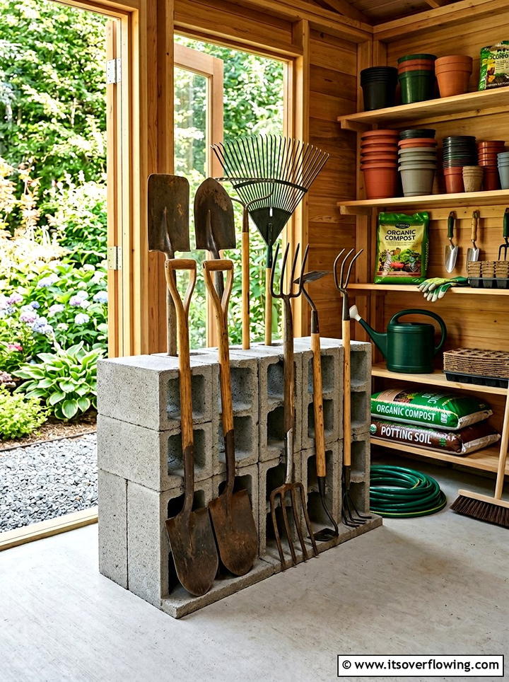 Tool Organizer - 25 recycled garden ideas with concrete blocks