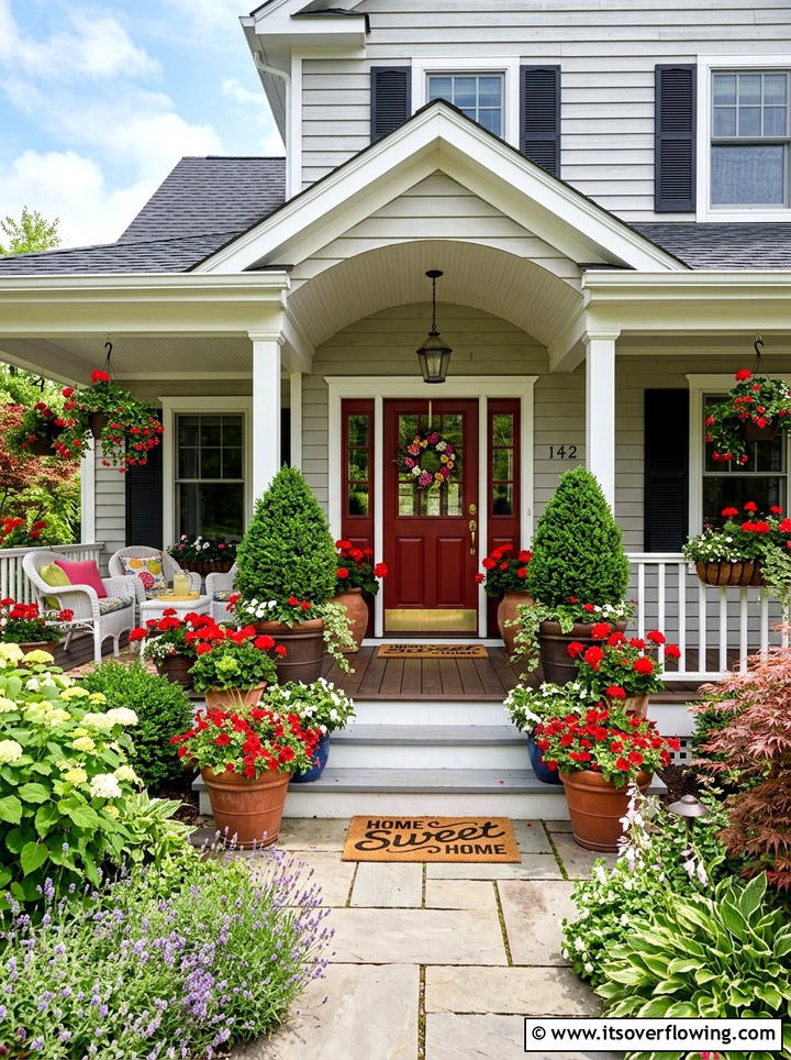 Topiary and floral combination porch decor - 25 front porch decor ideas with topiaries