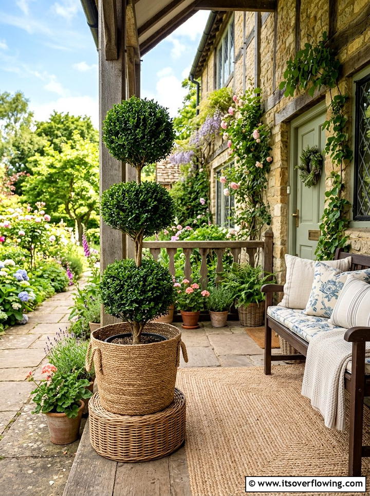 Topiary in wicker baskets - 25 front porch ideas with topiaries