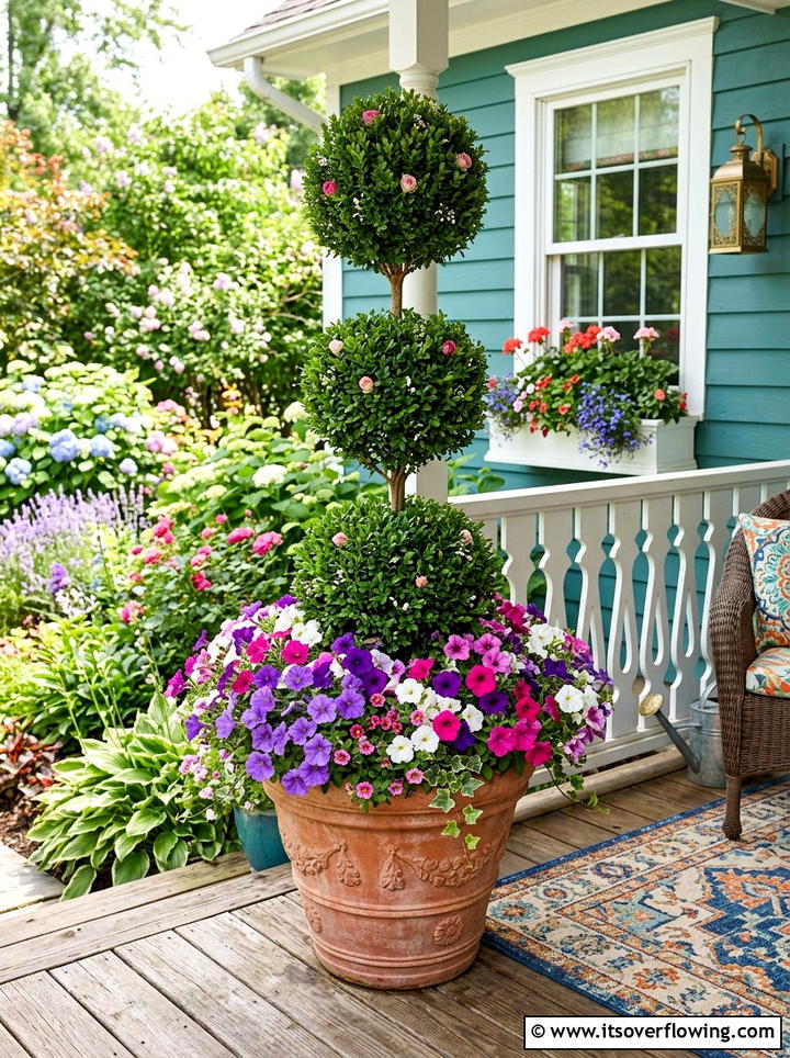 Topiary with seasonal flowers - 25 front porch ideas with topiaries