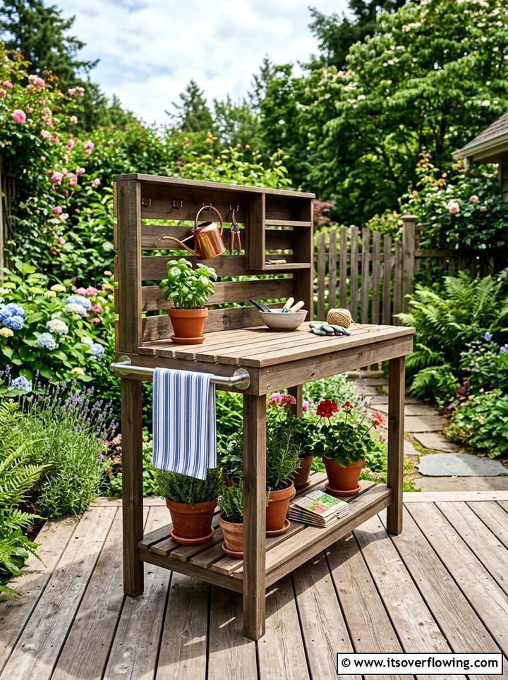 Towel Bar Potting Bench - 25 upcycled garden ideas with potting benches