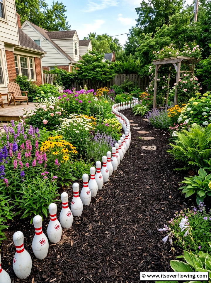 Toy bowling pin garden border - 25 recycled garden ideas with old toys