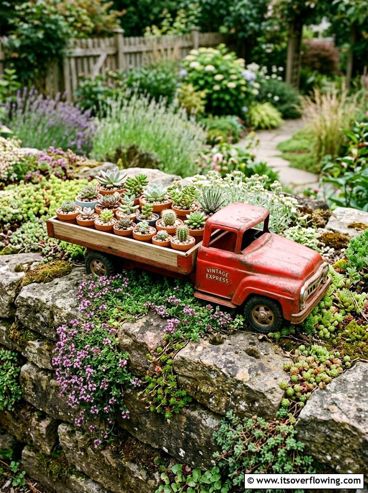 Toy car succulent tray - 25 recycled garden ideas with old toys