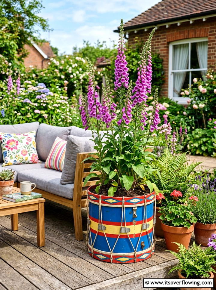 Toy drum flower pot - 25 recycled garden ideas with old toys