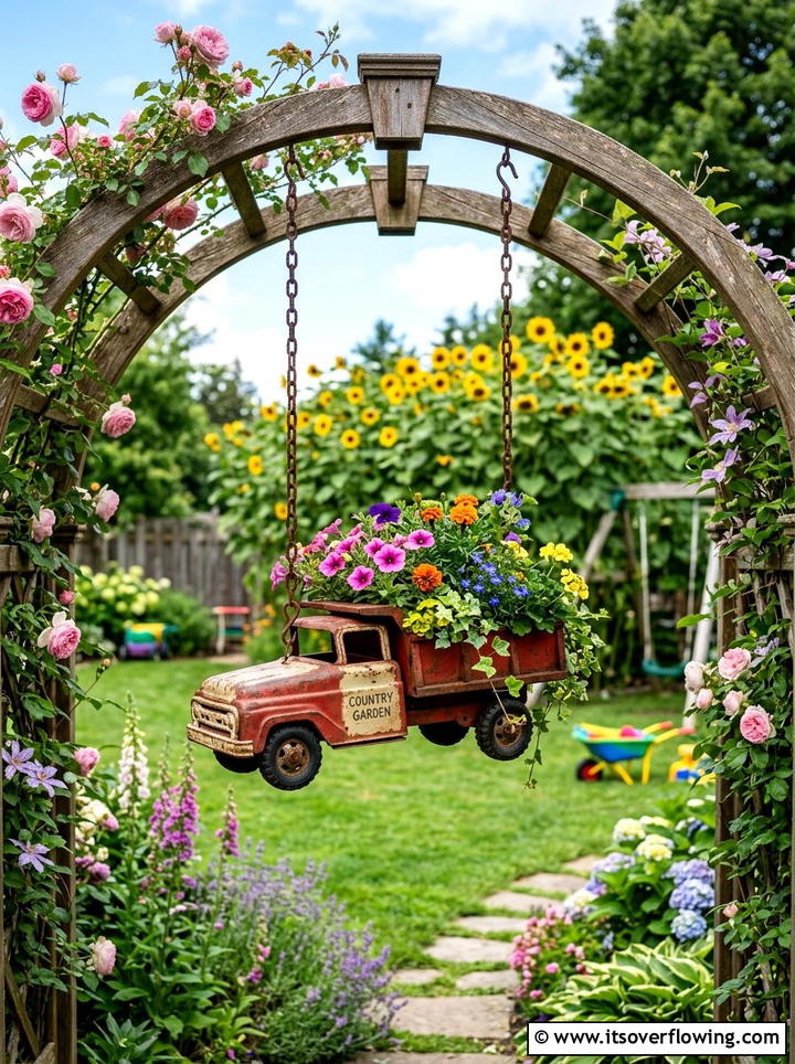Toy truck hanging planter - 25 upcycled garden ideas with hanging planters