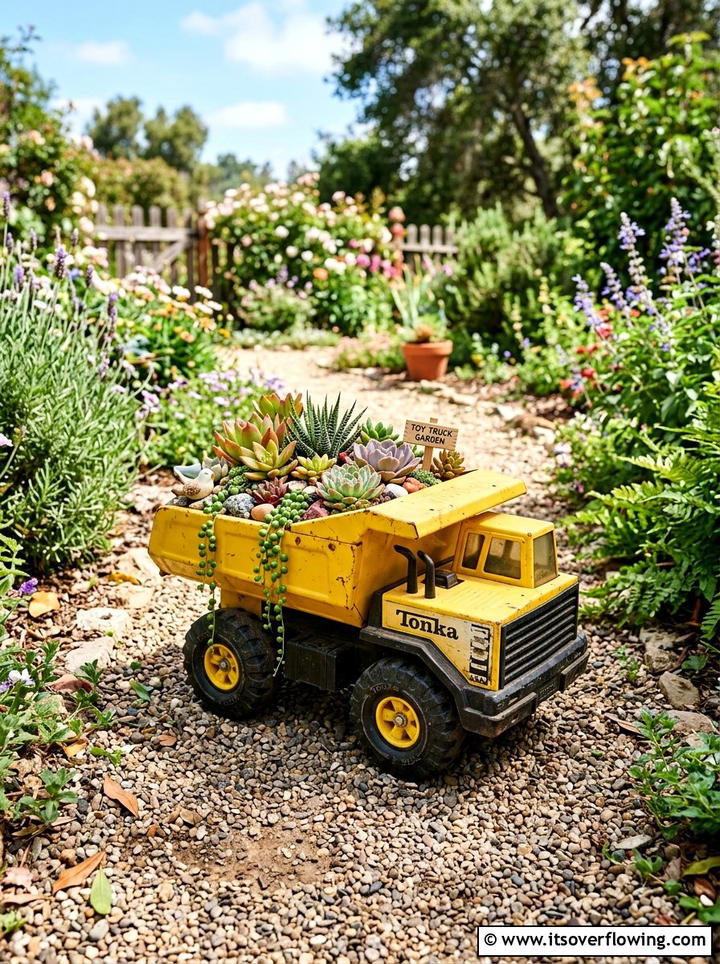 Toy truck succulent garden - 25 upcycled garden ideas with kids projects