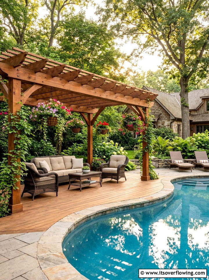Traditional Wooden Pergola Over Pool Deck - 25 backyard ideas with pool and pergola