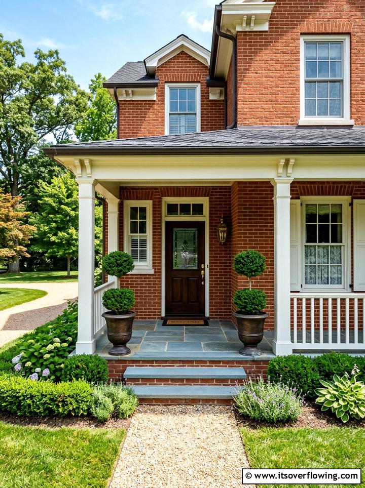 Traditional brick porch with boxwood topiaries - 25 front porch decor ideas with topiaries