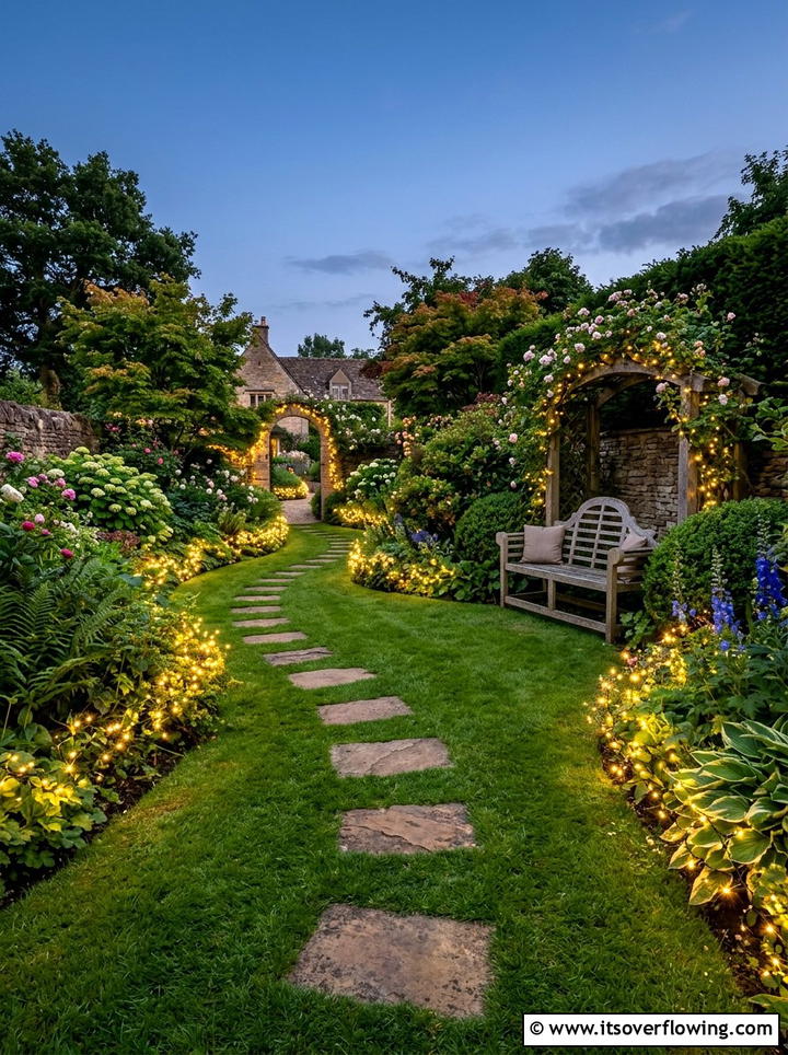 Traditional garden with stepping stone lights - 25 creative garden ideas with fairy light pathways