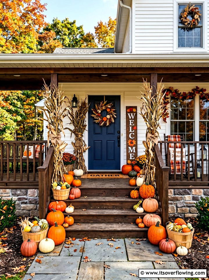 Traditional orange pumpkin porch - 25 front porch decor ideas with fake pumpkins