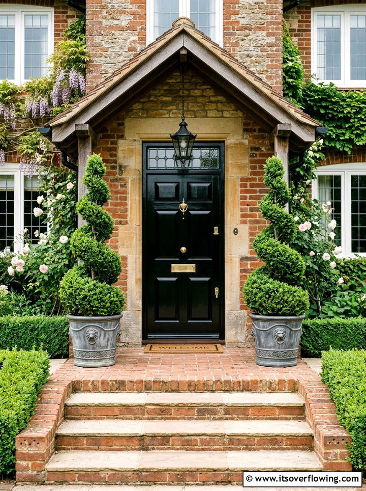 Traditional porch with spiral topiary - 25 front porch decor ideas with mini trees