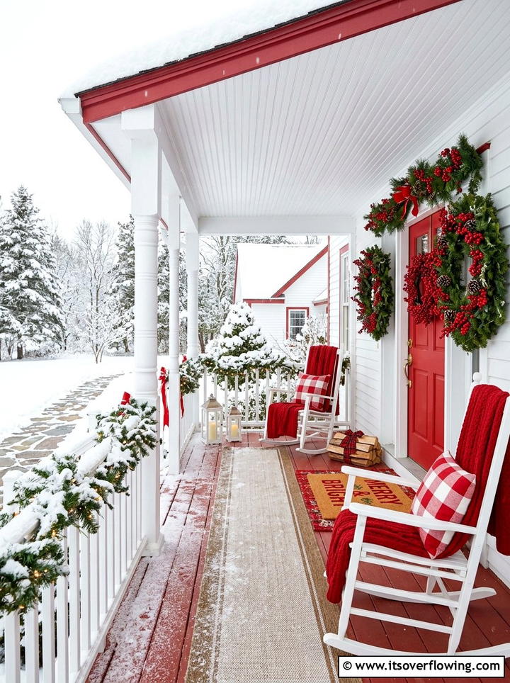 Traditional red and white porch - 25 front porch ideas with holiday doormat