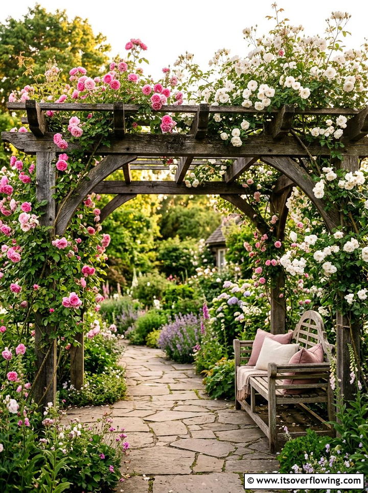 Traditional wooden pergola with climbing roses - 25 garden ideas with pergola