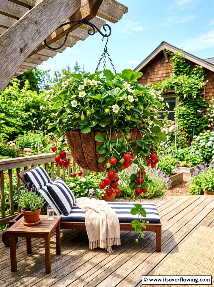 Trailing Strawberries Hanging Pot - 25 small garden ideas with hanging baskets