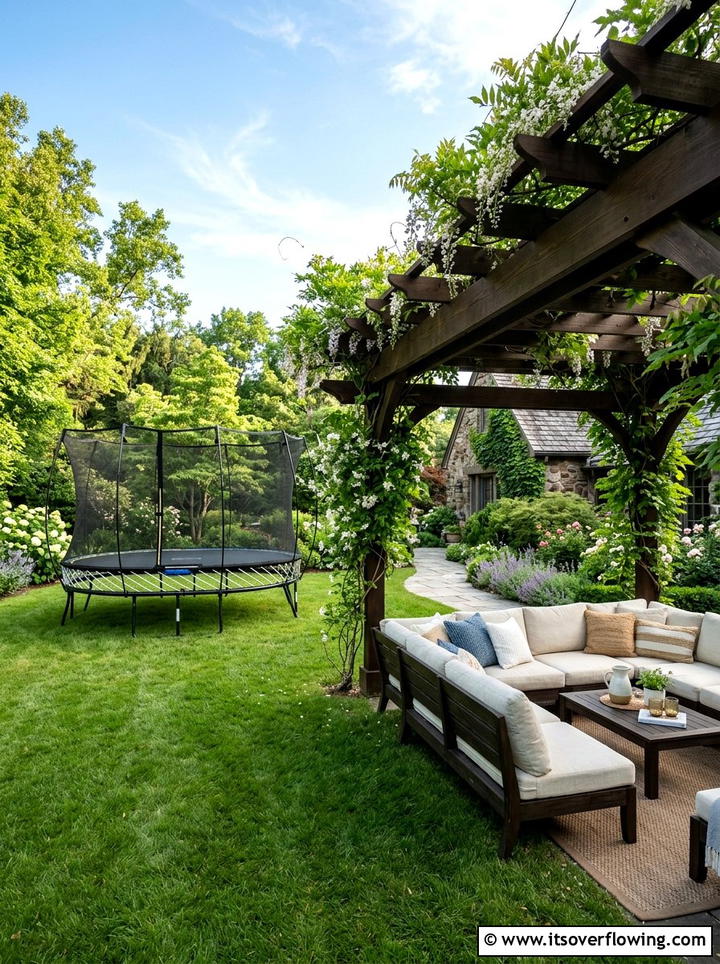 Trampoline Beside Pergola Lounge - 25 backyard ideas with trampoline zone