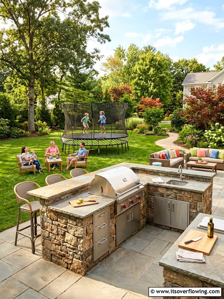 Trampoline Near Outdoor Kitchen - 25 backyard ideas with trampoline zone
