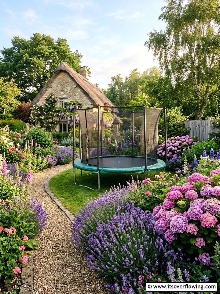 Trampoline Surrounded By Flower Beds - 25 backyard ideas with trampoline zone