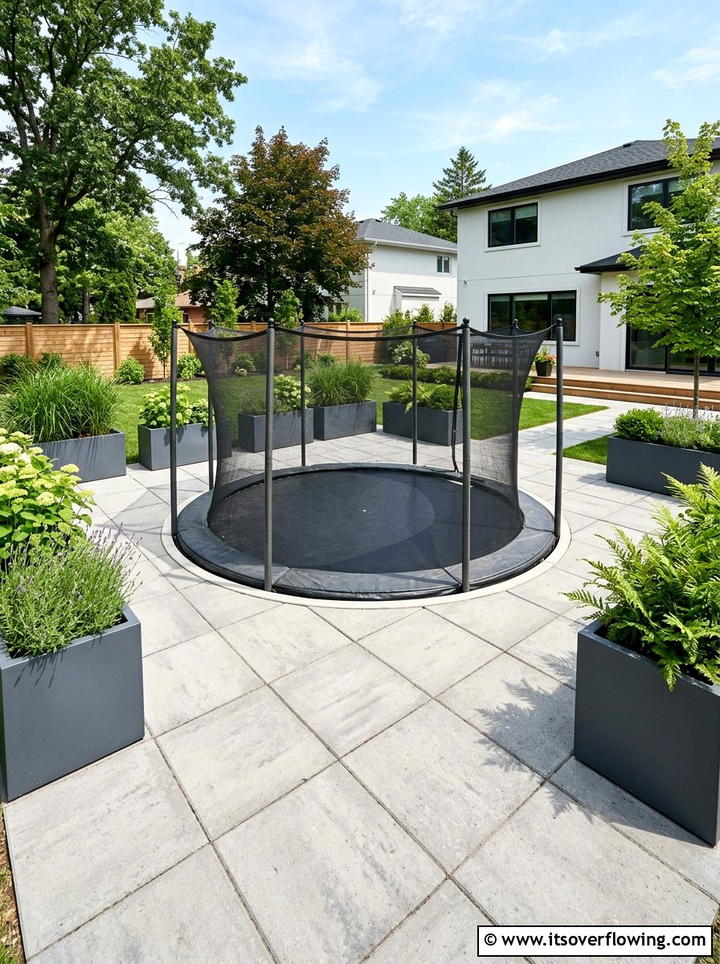 Trampoline Surrounded By Paver Stones - 25 backyard ideas with trampoline zone