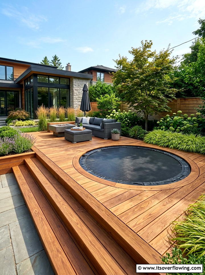 Trampoline With Custom Wood Decking - 25 backyard ideas with trampoline zone