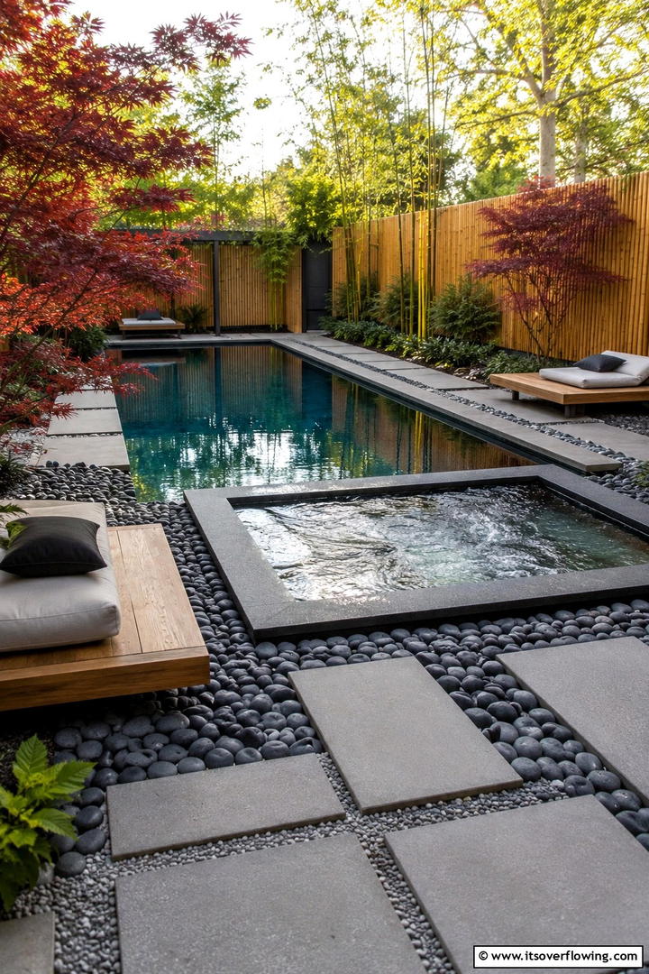 Tranquil Zen Inspired Escape - 30 Rectangle Pool With Hot Tub Designs for Luxury Backyards