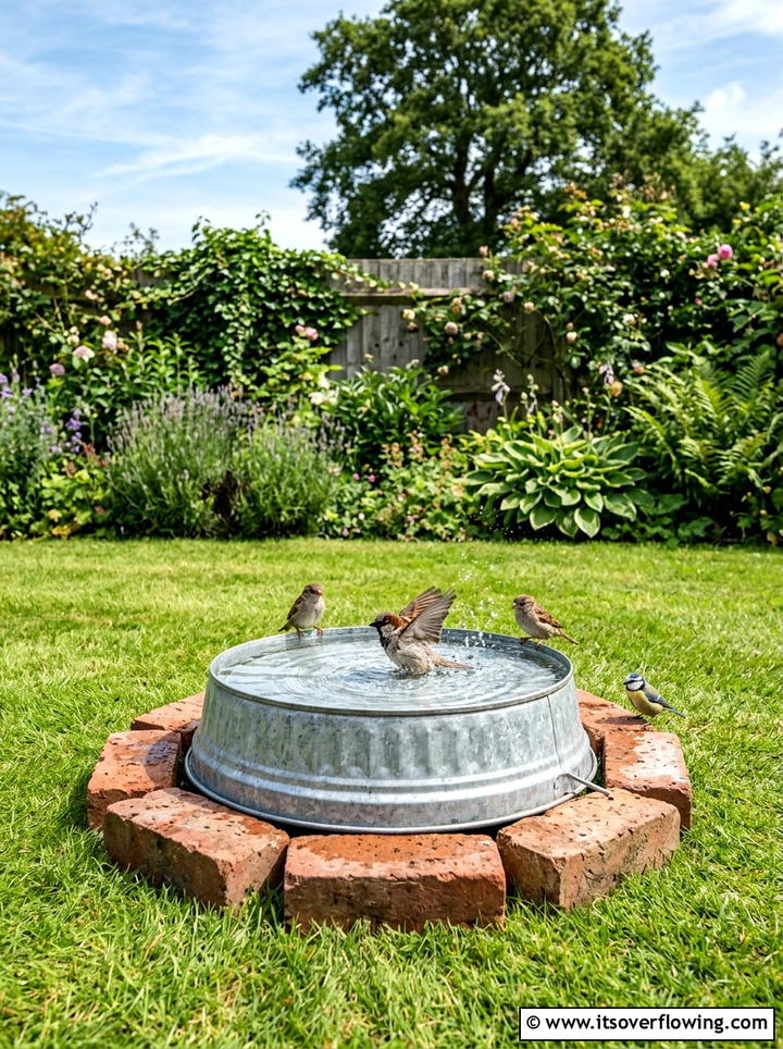 Trash can lid bird bath - 25 upcycled garden ideas with bird baths