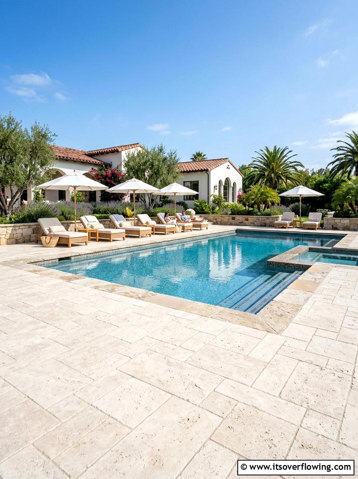 Travertine Stamped Pool Deck - 25 backyard ideas with stamped concrete