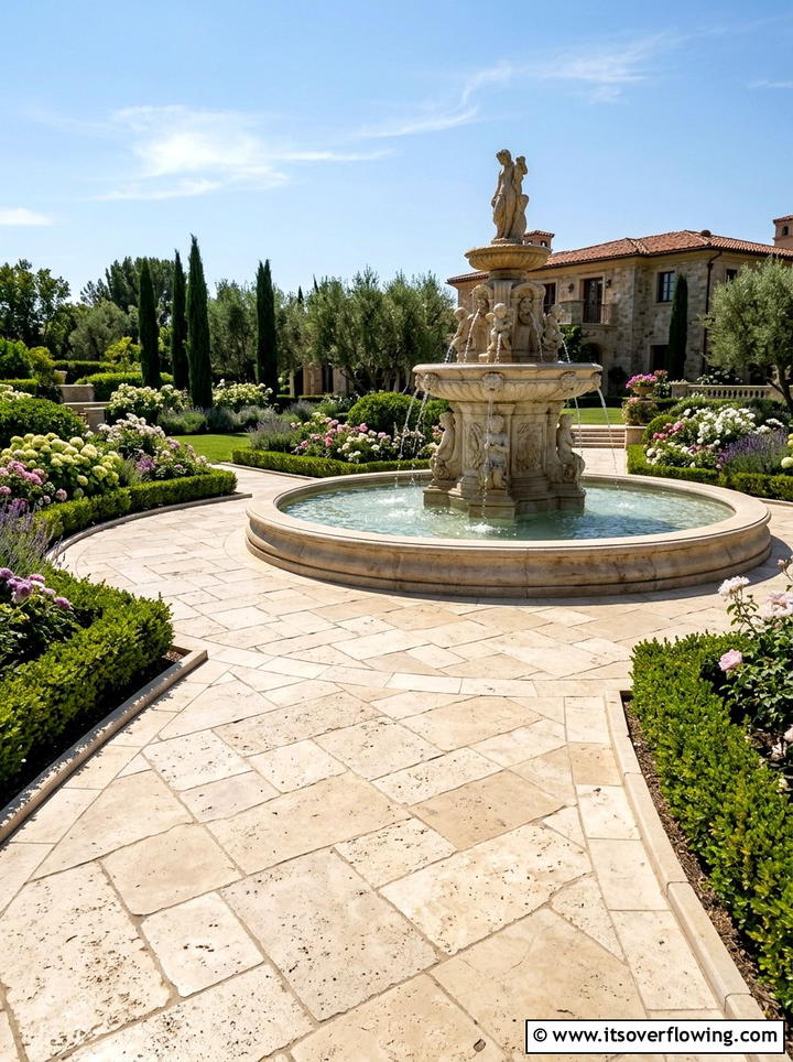 Travertine Walkway Around Garden Fountain - 25 small garden ideas with stepping stones