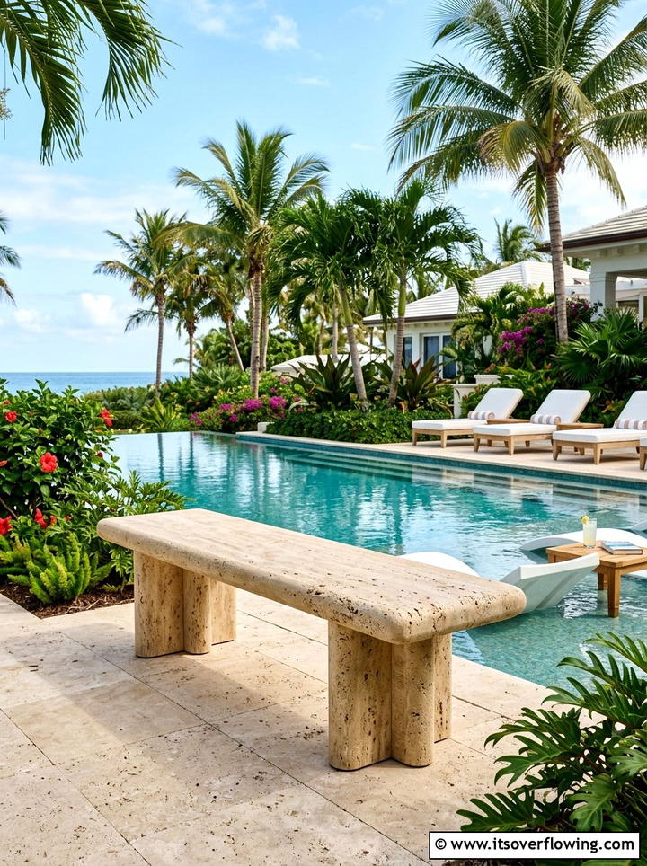 Travertine outdoor bench - 25 backyard ideas with stone seating